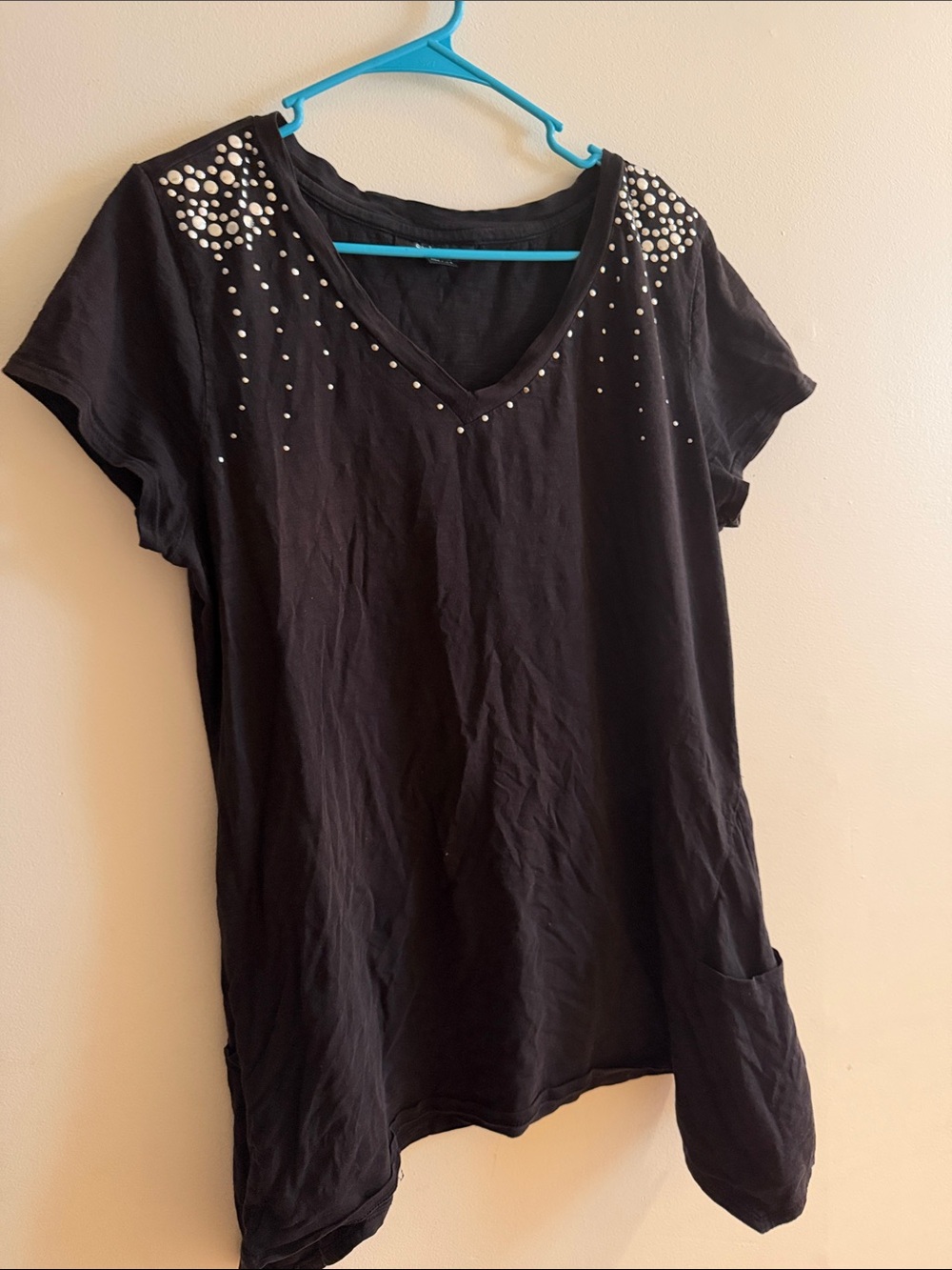 Style & Co. Black Short-Sleeve V-Neck Top with Silver Studs